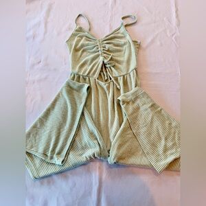 Caution To The Wind Sage Green & White Ribbed Romper With Ruched Tie Front